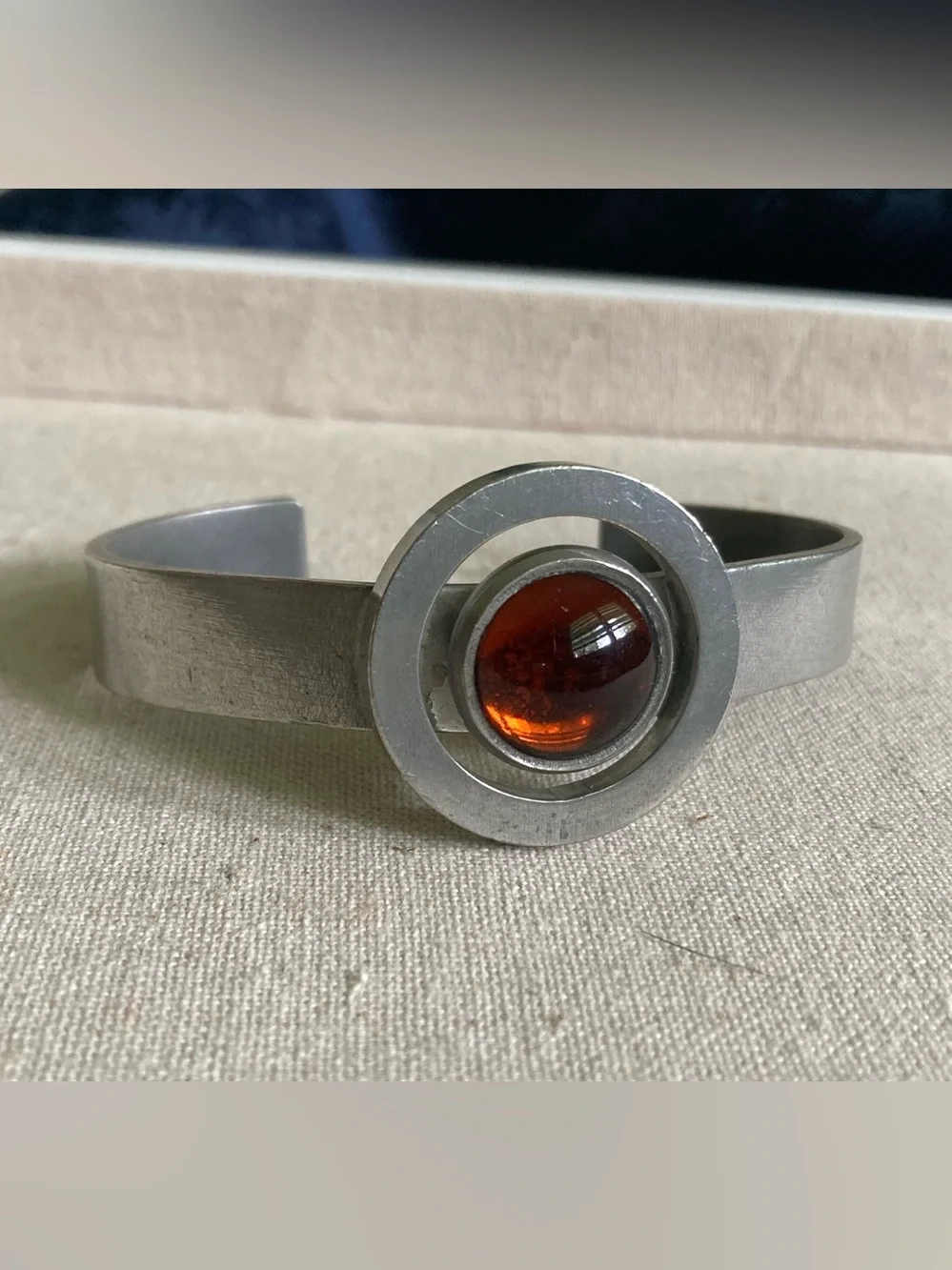 Jorgen Jensen Vintage Mid Century pewter cuff bracelet Amber Glass Center Stone